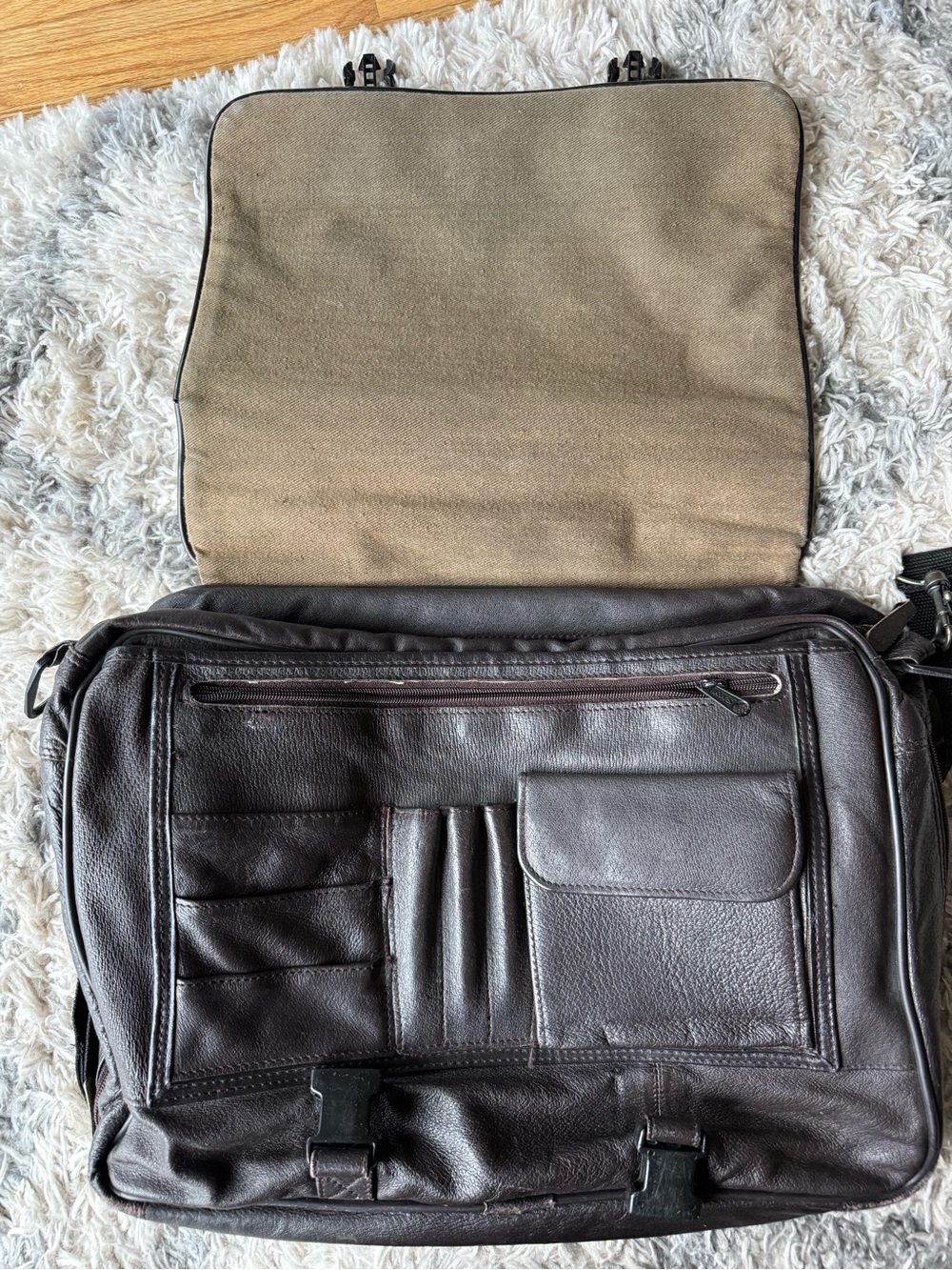 Leather Messenger Bag with padded, adjustable strap. Gender neutral. - Picture 7 of 16